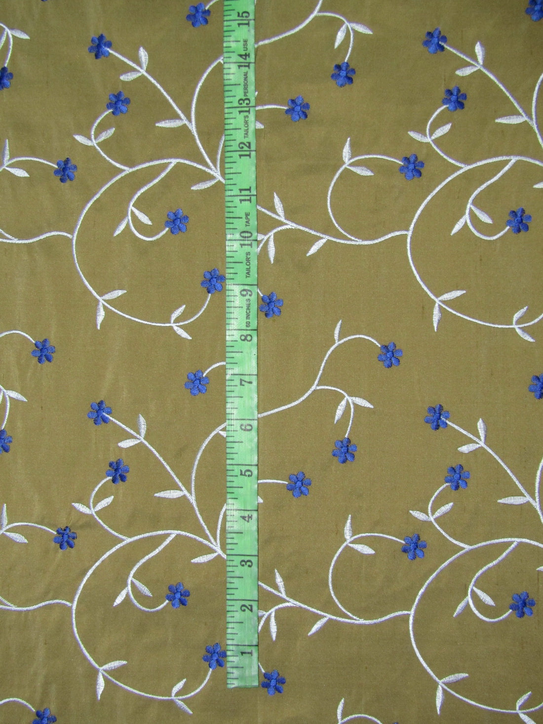 100% SILK DUPION KHAKHI GOLD WITH BLUE AND ROYAL BLUE FLORAL EMBROIDERY 54&quot;DUPE61[1]