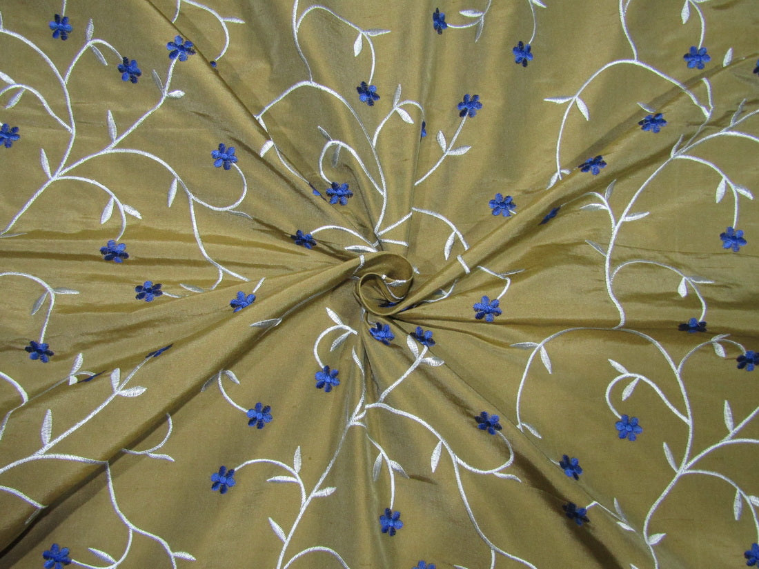 100% SILK DUPION KHAKHI GOLD WITH BLUE AND ROYAL BLUE FLORAL EMBROIDERY 54&quot;DUPE61[1]