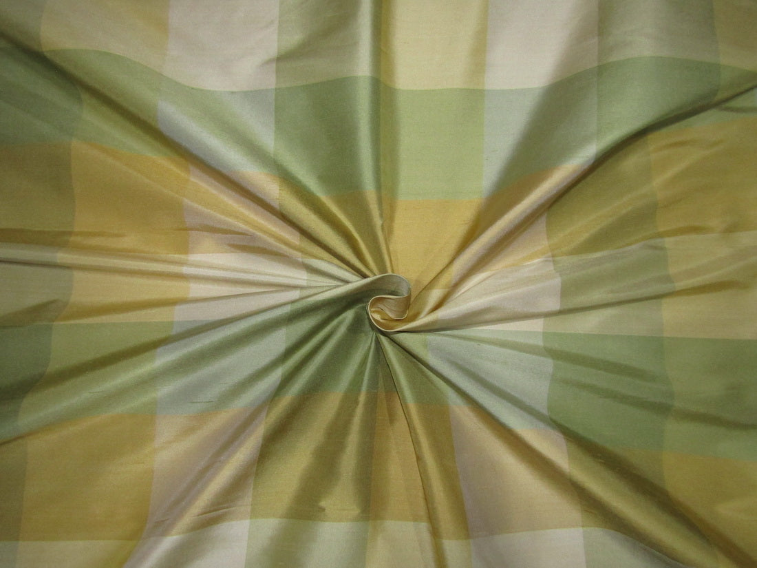 100% PURE SILK DUPIONI FABRIC Multi Color shades of Green and Gold PLAIDS 54" WIDE DUPC114[1]