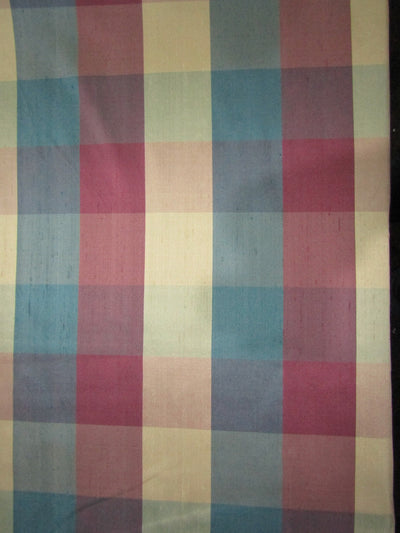 100% PURE SILK DUPIONI FABRIC multi color shades of aubergine pink X blue X gold PLAIDS 54&quot; wide
