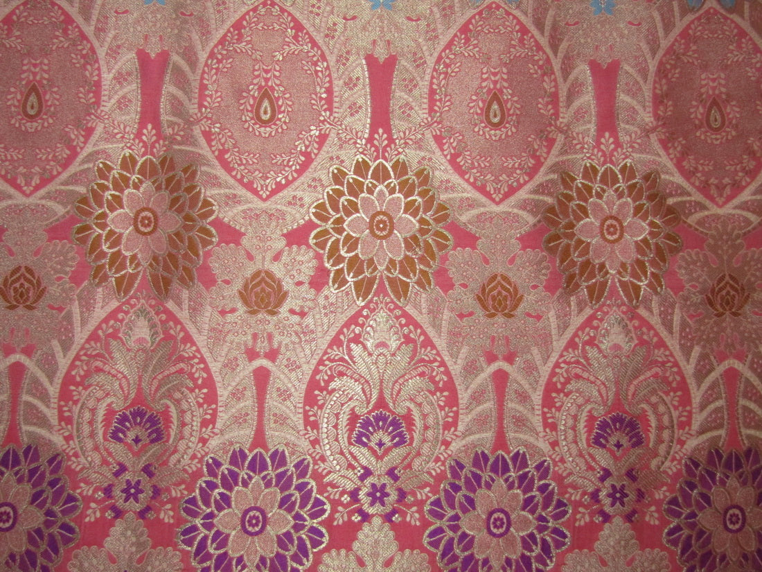 Silk Brocade Fabric Rose Pink metallic gold purple blue and mustard Color 44" wide BRO775[4]