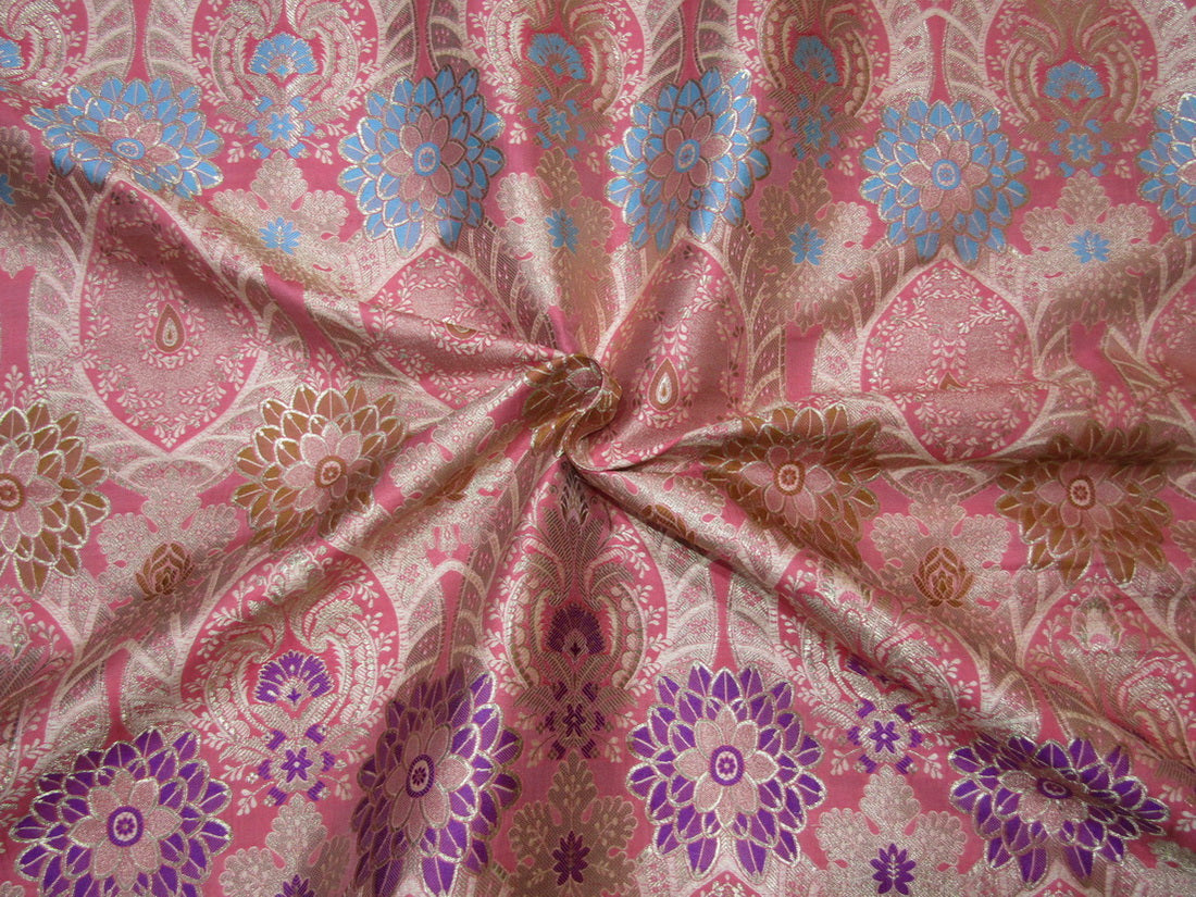 Silk Brocade Fabric Rose Pink metallic gold purple blue and mustard Color 44" wide BRO775[4]