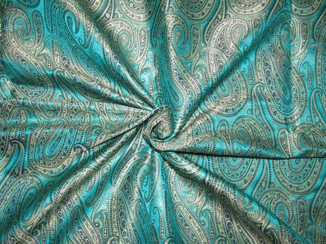 Silk Brocade jacquard Fabric black sea green silver and navy