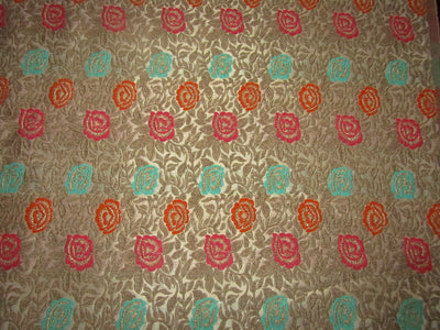 Brocade Jacquard Fabric Tan Cream with orange , mint ,pink color Floral work  44&quot;