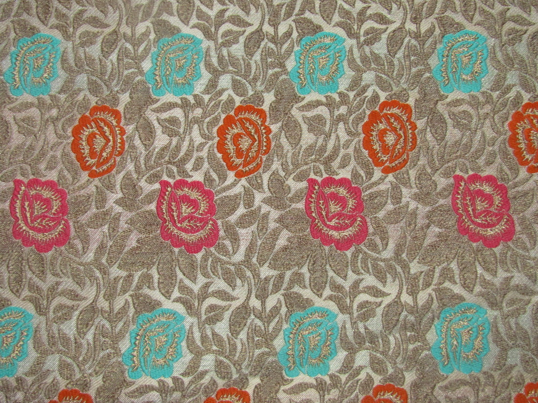 Brocade Jacquard Fabric Tan Cream with orange , mint ,pink color Floral work  44&quot;