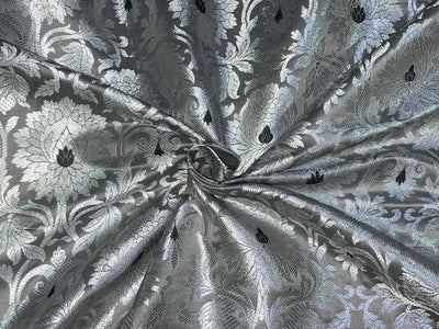 Silk Brocade fabric silver grey and black with metallic silver color 44" wide BRO802[1]