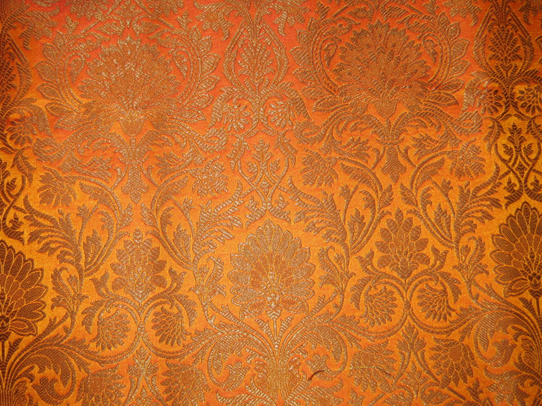 Silk Brocade fabric mango x red with gold metallic 44&quot; BY THE YARD