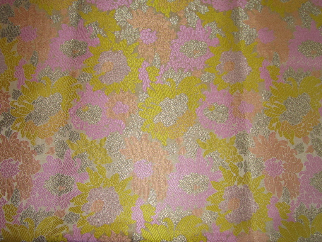 Brocade Fabric YELLOW AND PINK FLORAL X METTALIC GOLD color 44&quot;