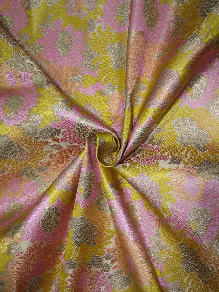 Brocade Fabric YELLOW AND PINK FLORAL X METTALIC GOLD color 44&quot;