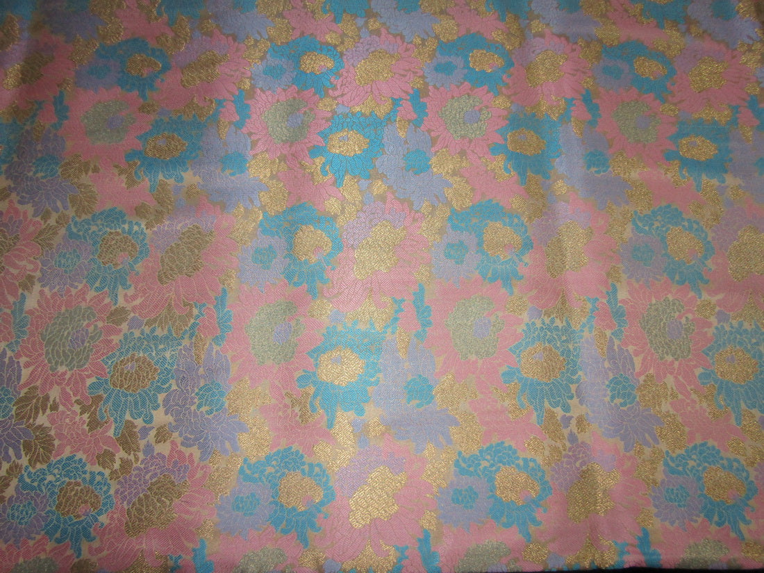 Brocade Fabric PINK AND BLUE FLORAL X METTALIC GOLD color 44&quot;