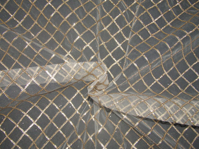 Heavily embroidered net fabric natural white with gold gotta Patti design 44&quot; by the yard