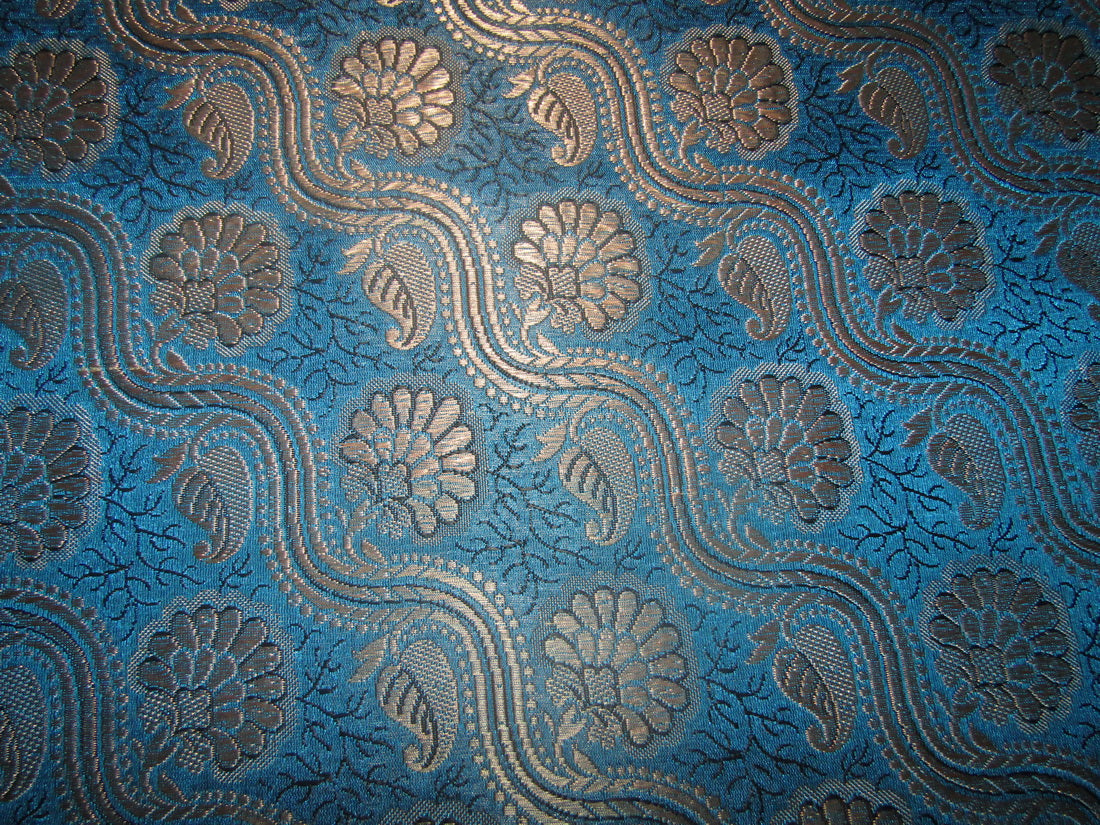 Silk Brocade fabric BLUE & Metallic Gold Color 44" wide 1.75 YARDS+0.65 YARDS BRO221[5]