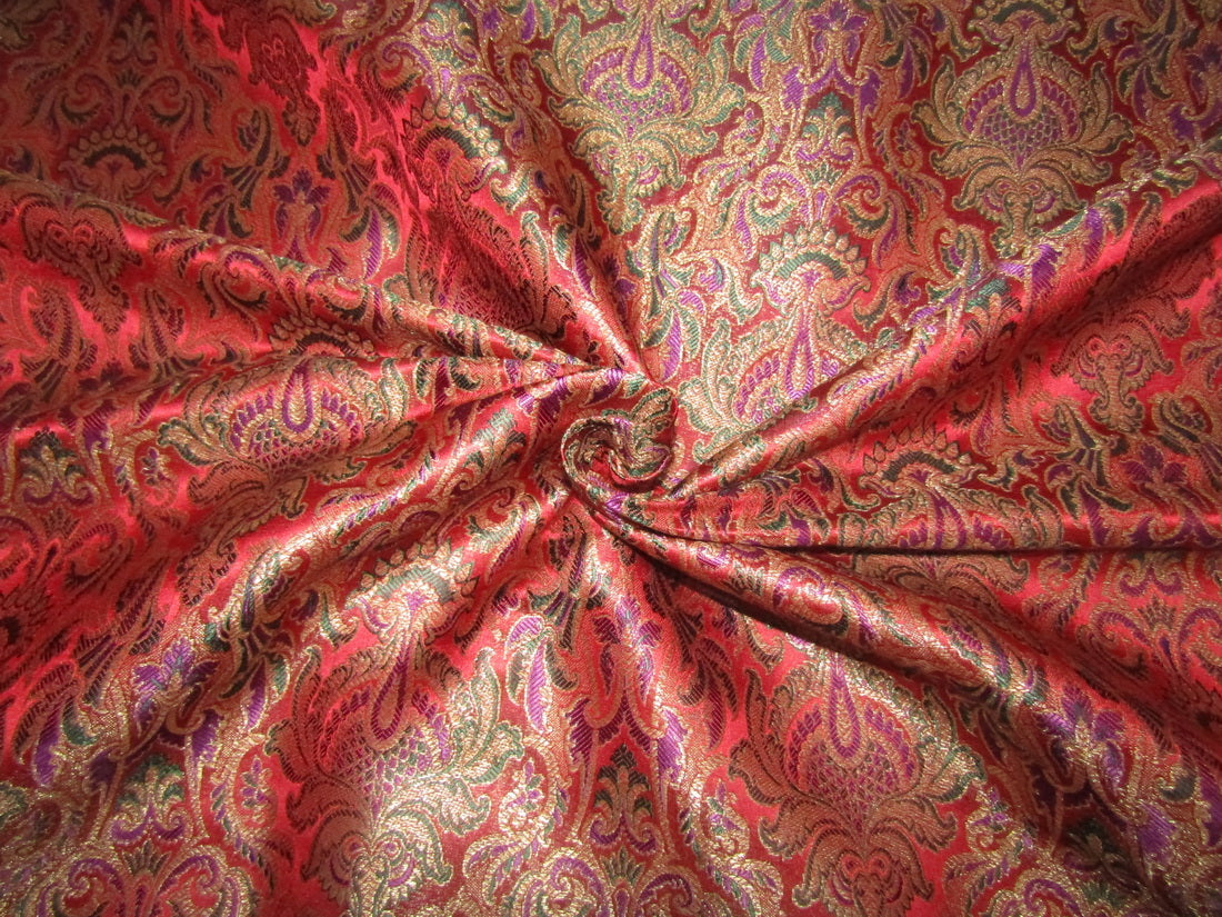 Brocade fabric red x metallic GOLD with multi color paisleys 44&quot; wide