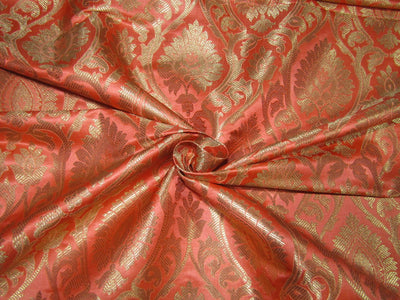 Silk Brocade Fabric coral peach x metallic gold color 44" wide BRO705[4]