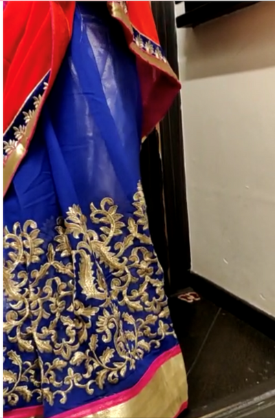 Beautiful georgette shaded pink orange and royal blue embroidered Saree