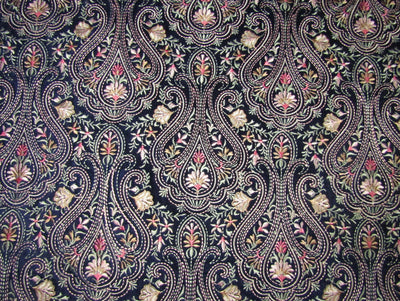 100% cotton Velvet Heavily Embroidered Fabric 54" wide dark navy with pastel floral paisleys [9984]