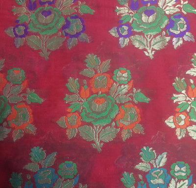 Pure Heavy Silk Brocade Fabric Red,Green,Purple &amp; Metallic Gold color