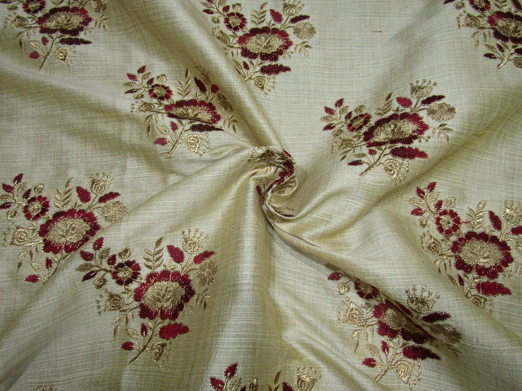 3.60 yards POLYESTER DUPIONI FABRIC 44&quot; GOLD with embroidered RED flowers and metallic gold leaves