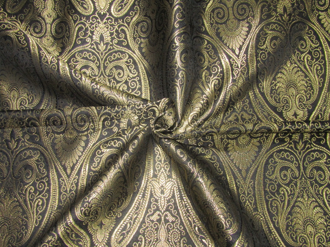 Silk Brocade fabric Paisleys Black x metallic gold Color 44" wide BRO712[1]
