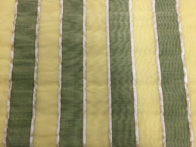Cotton Chanderi fabric Lemon yellow with green x gold lurex stripe 44&quot; wide sold by the yard [11113]