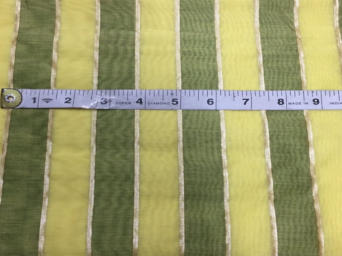 Cotton Chanderi fabric Lemon yellow with green x gold lurex stripe 44&quot; wide sold by the yard [11113]