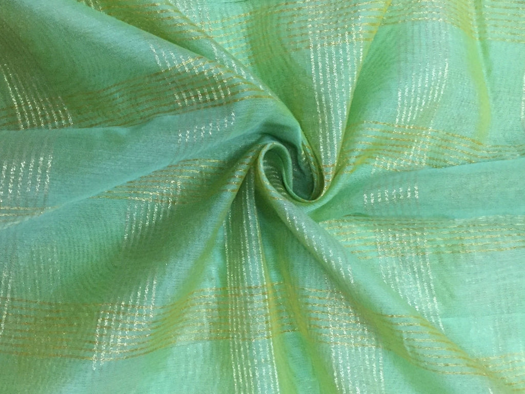 Chanderi Green Tissue fabric with metallic gold checks - 44&quot; wide sold by the yard.[11104]