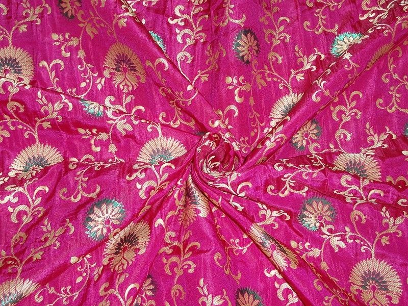 Silk x viscose & metallic fabric brocade/jacquard Pink,Green & Gold 54" WIDE BRO312[1]