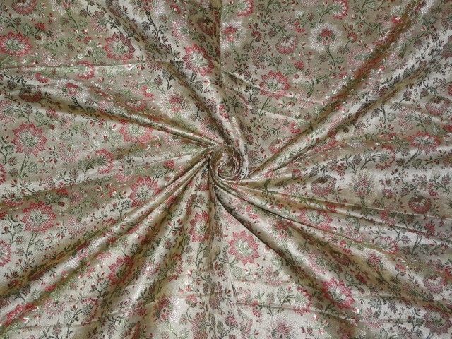 Pure Silk Brocade Fabric Red,Green &amp; Light Gold 44&quot;