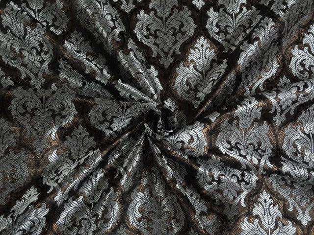 SILK BROCADE FABRIC MATT Bronze,Silver &amp; Black color 44" wide BRO281[5]