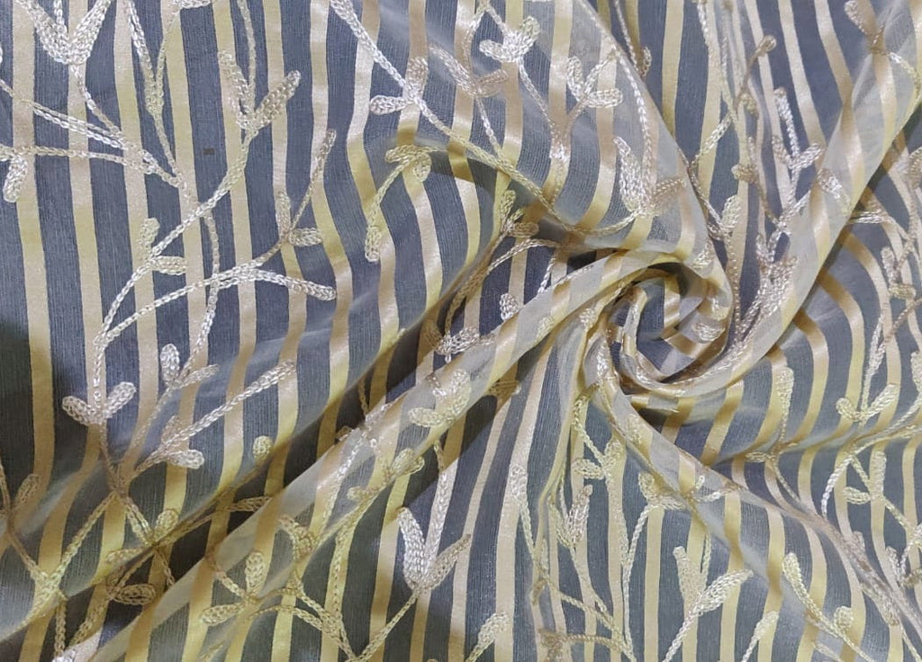 100% silk organza beige stripe embroidery fabric 44&quot; by the yard