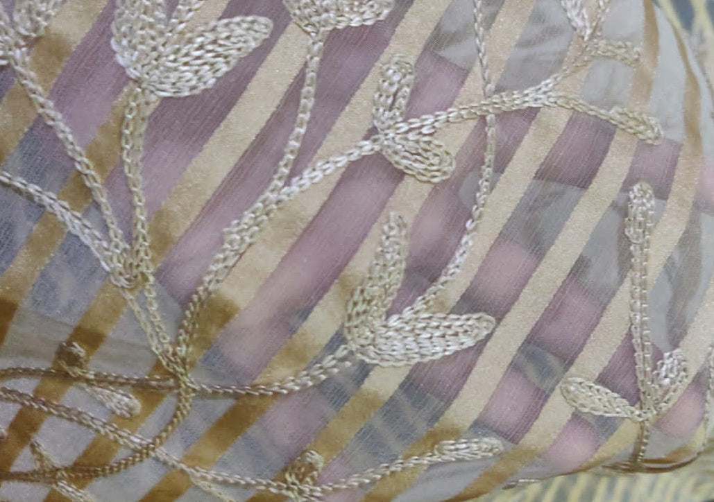 100% silk organza beige stripe embroidery fabric 44&quot; by the yard