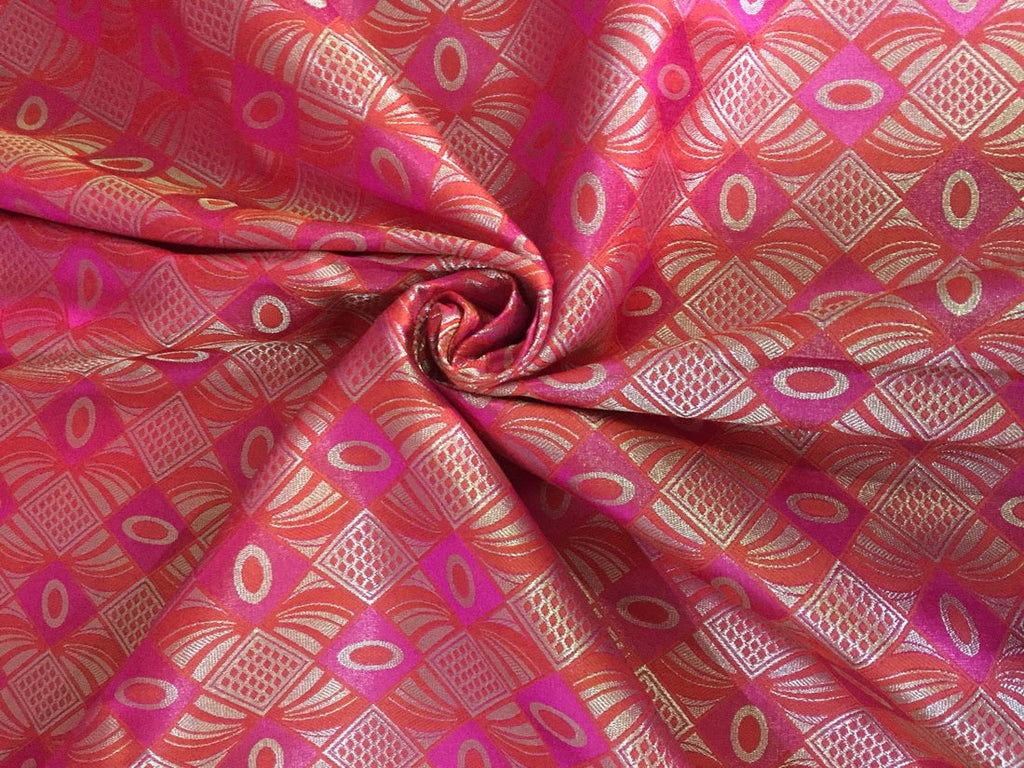Silk Brocade fabric orange ,pink x metallic silver color 44" Wide BRO788[1]
