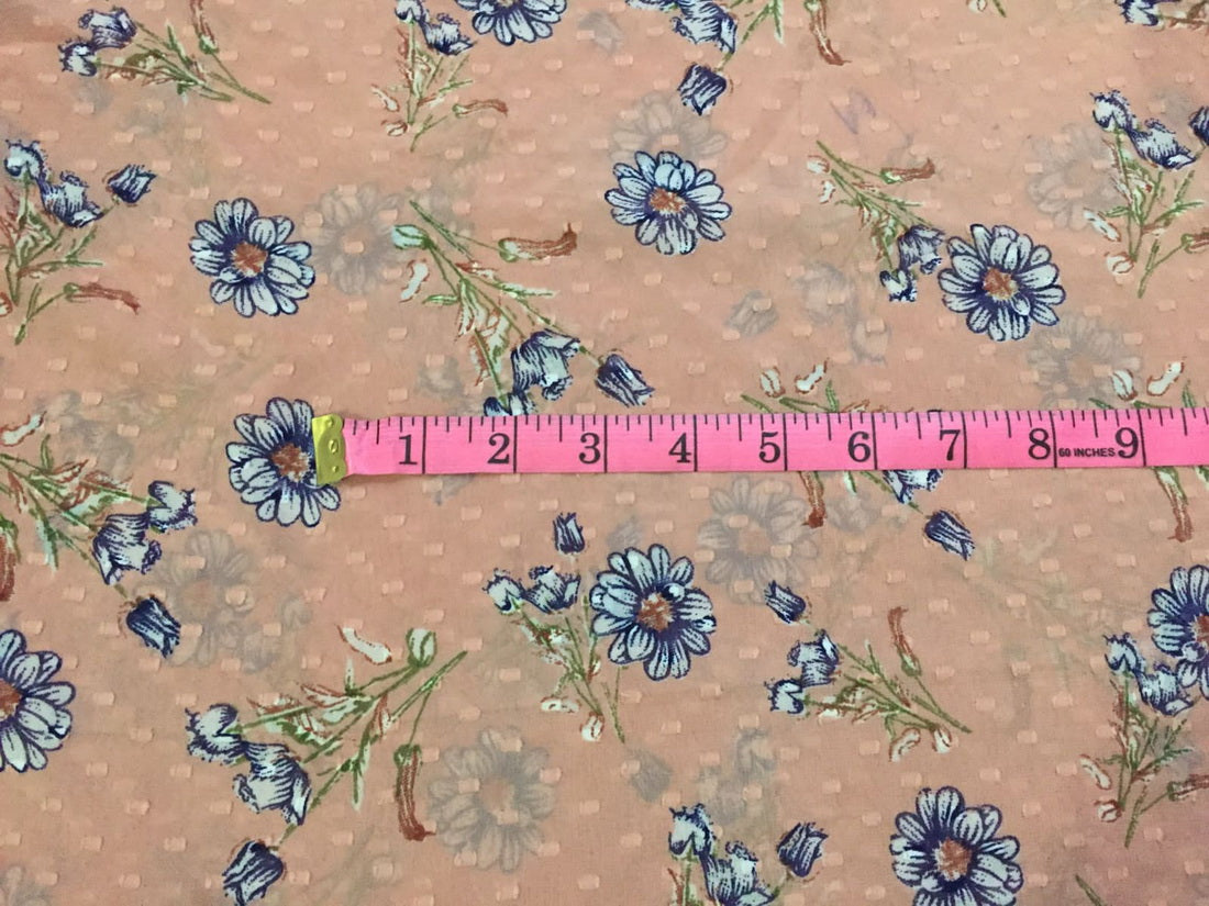 Georgette fabric with bandhni rose pink with blue printed flowers 56&quot; wide
