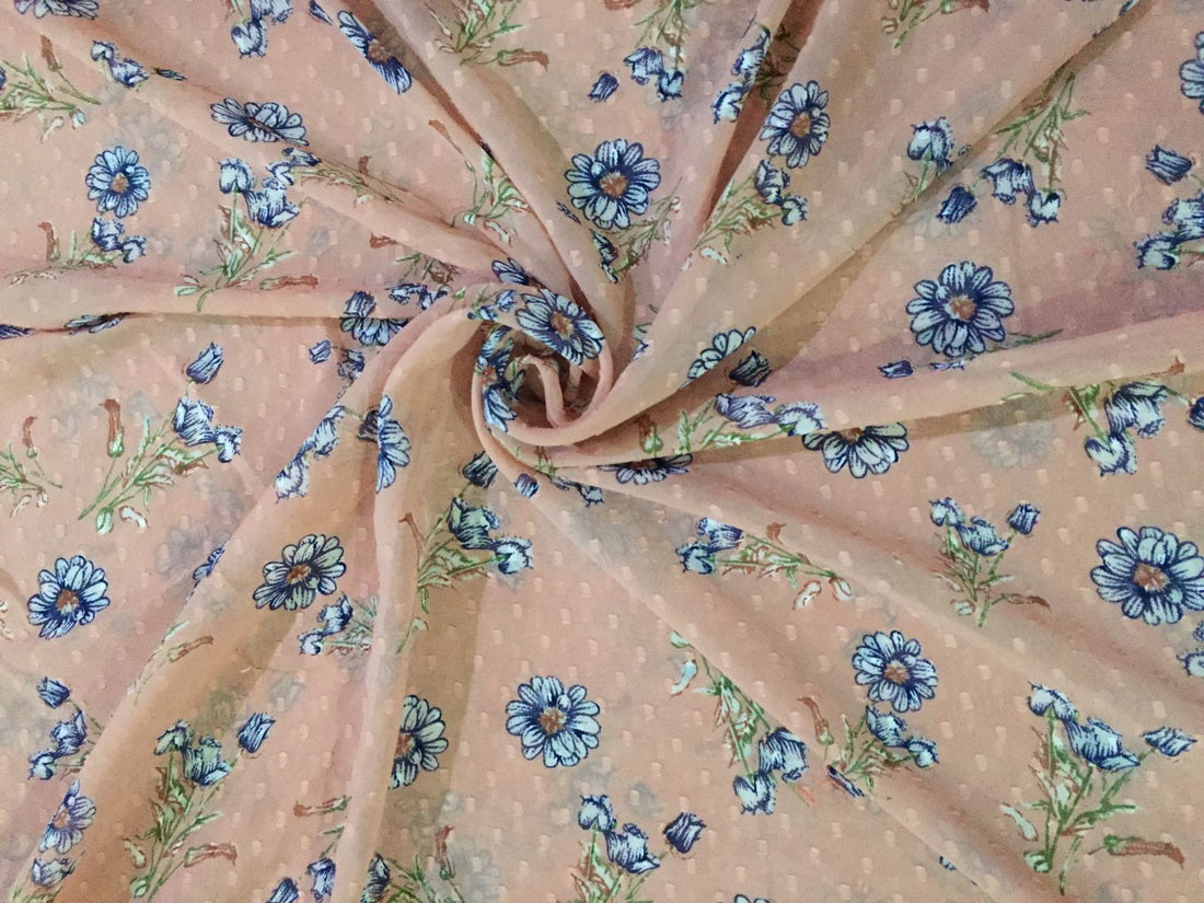 Georgette fabric with bandhni rose pink with blue printed flowers 56&quot; wide