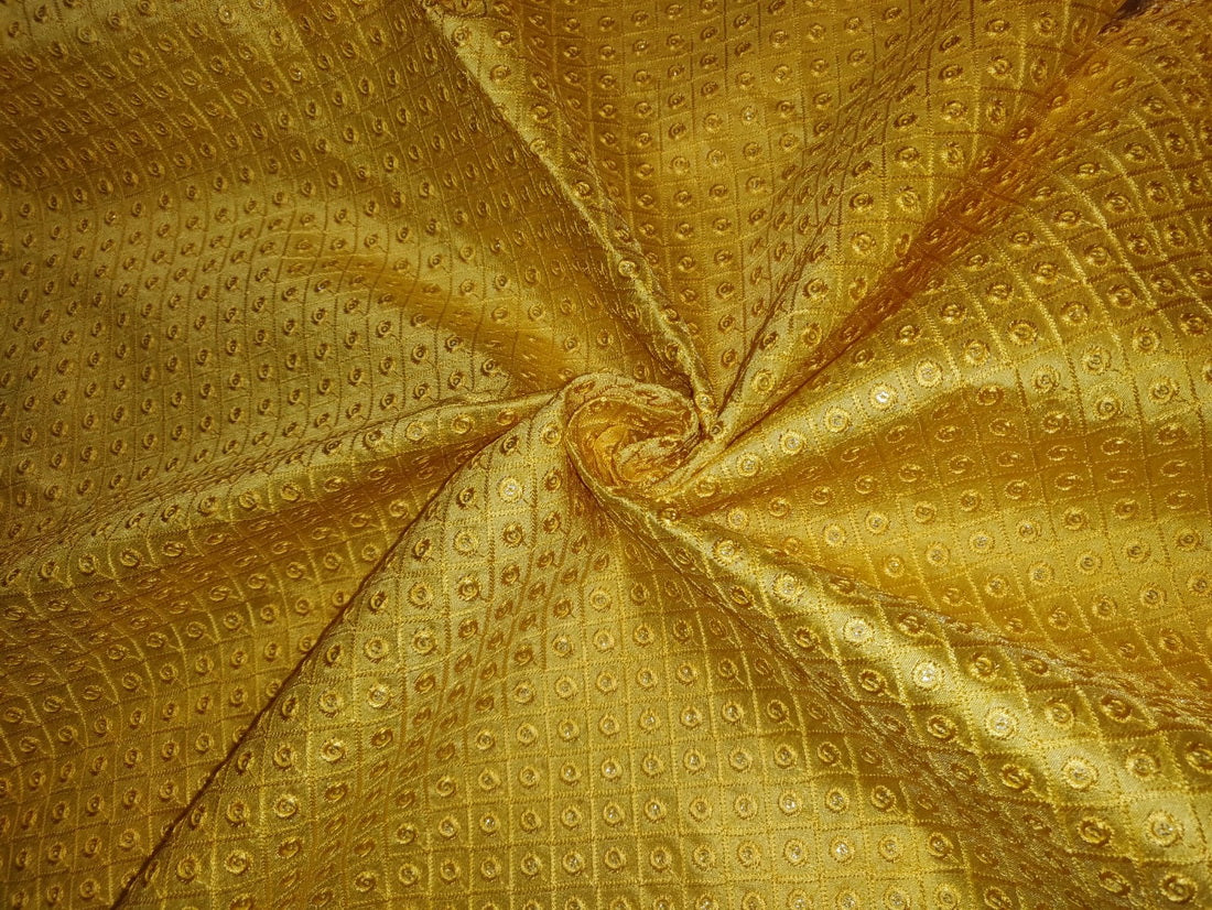 Brocade fabric intricate geometric diamond yellow color with mirror work 44" wide BRO792[2]