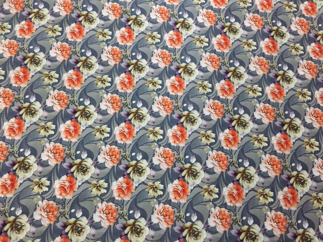 Linen satin digital print fabric grey & orange beige lavender floral print 44" wide