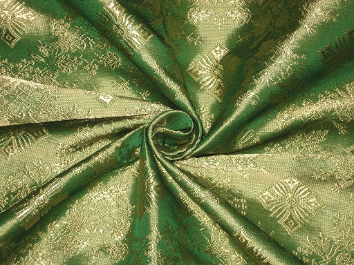 SILK BROCADE FABRIC Emerald Green &amp; Gold colour 44" wide BRO170[2]