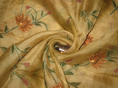 100% SILK ORGANZA FABRIC Light Gold COLOUR embroidered 44&quot; wide [3210]