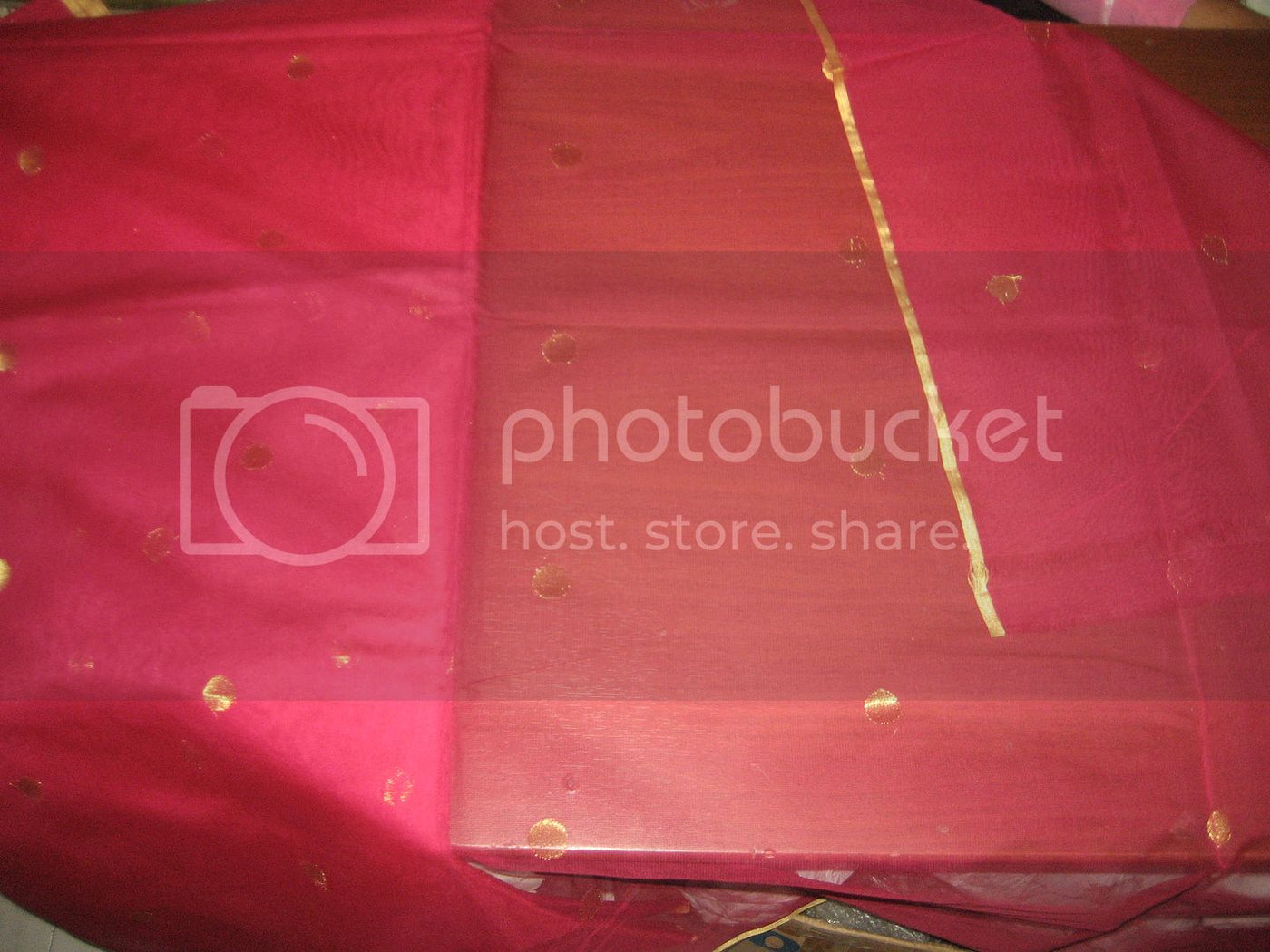 Dark Pink WEDDING SILK TULLE GOLD BORDER &amp; GOLD POLKA DOTS FABRIC [3229]