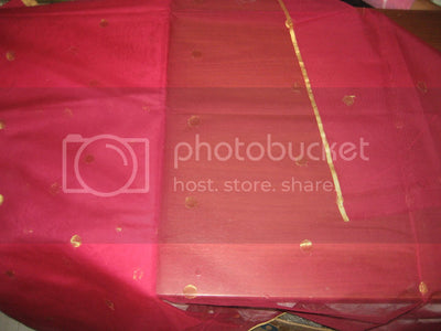 Dark Pink WEDDING SILK TULLE GOLD BORDER &amp; GOLD POLKA DOTS FABRIC [3229]