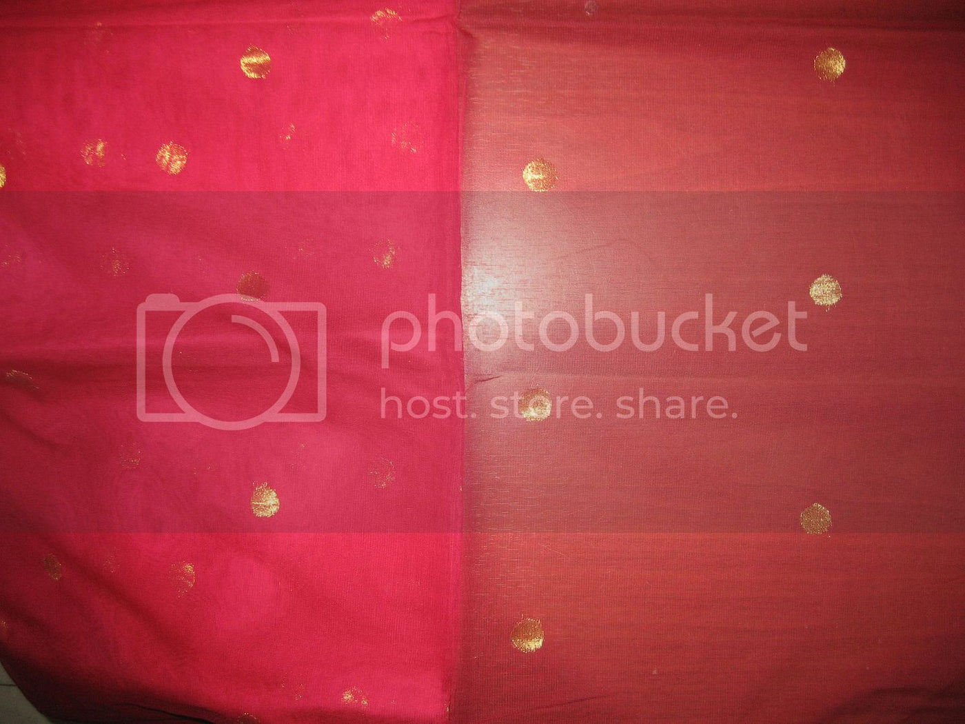 Dark Pink WEDDING SILK TULLE GOLD BORDER &amp; GOLD POLKA DOTS FABRIC [3229]