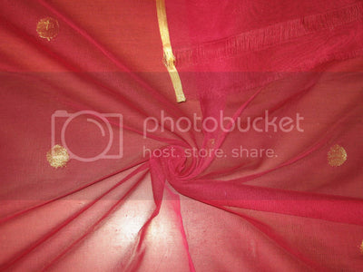 Dark Pink WEDDING SILK TULLE GOLD BORDER &amp; GOLD POLKA DOTS FABRIC [3229]