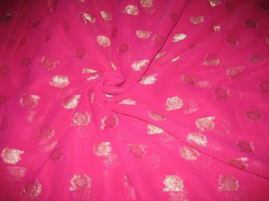 Polyester georgette fabric with metalic silver &amp; gold jacquard~Hot Pink colour
