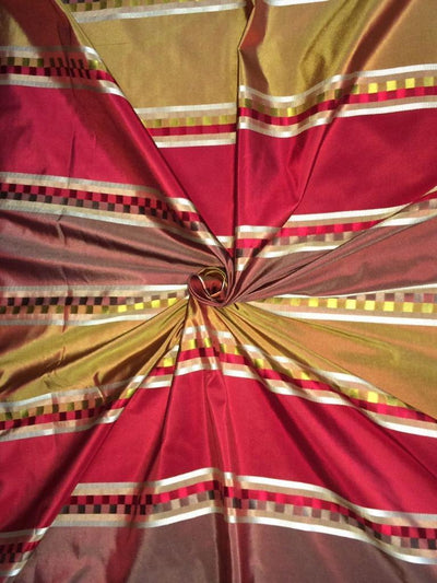 silk taffeta fabric red ,gold,rosette with satin stripes TAFS146[1] 54&quot; wide