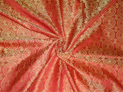 100% Pure Silk Brocade fabric Reddish Orange X Yellow Color 44&quot; wide