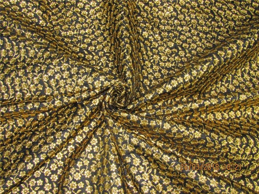 Silk Brocade fabric Black x metallic gold color with embroidery 44&quot;