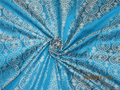 100% Pure Silk Brocade fabric Aqua blue x silver Color 44" wide BRO286[1]