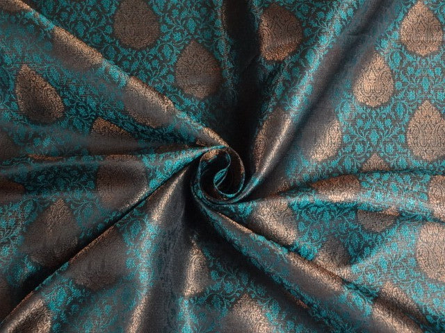 Spun SILK BROCADE FABRIC Green &amp; Black 44" wide BRO284[4]