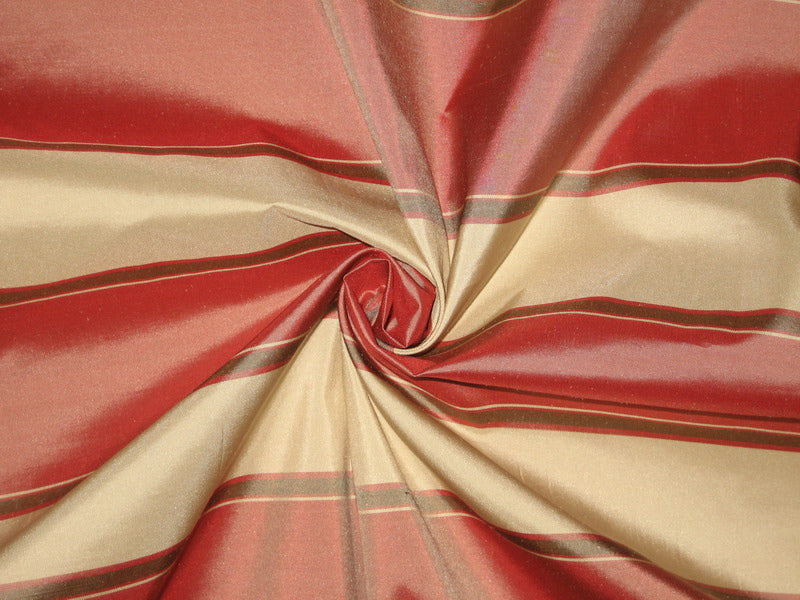 SILK TAFFETA FABRIC 54&quot; ~Light Red,Olive green and Light Butter Gold colour stripes~-