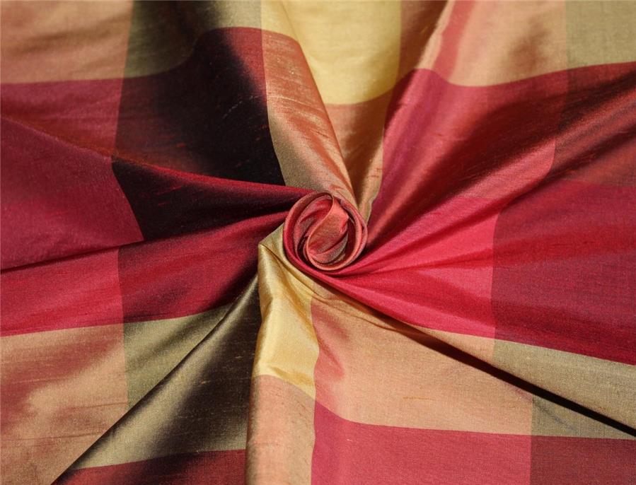 Silk Dupioni Fabric Plaids Shades of burgundy and gold color 54" wide